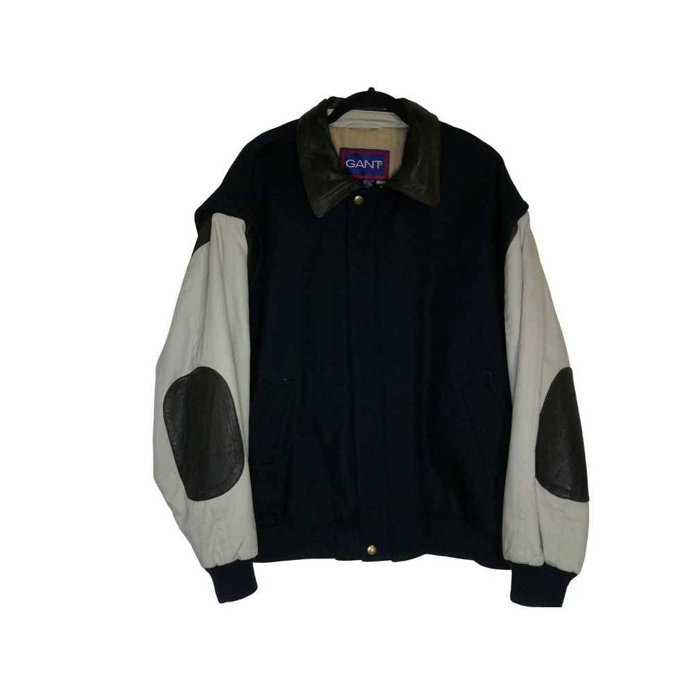 Gant Varsity Bomber Jacket Mens XL Navy Blue Wool Leather Elbow Patch Vintage - Picture 2 of 16